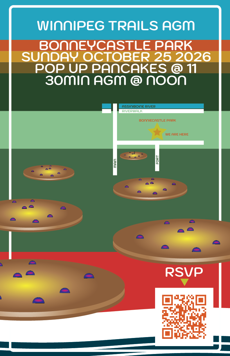 Poster with sylized pancakes flying out of the screen about a pop up pancake breakfast, AGM on Sunday October 26 at 11am and a map showing the location south of Fort and Assiniboine