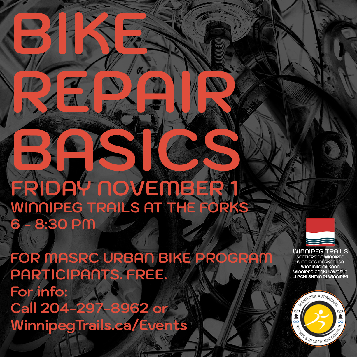 poster showing event details below. Black ground of bike parts. Red woreding and logos of Winnipeg Trails and MASRC