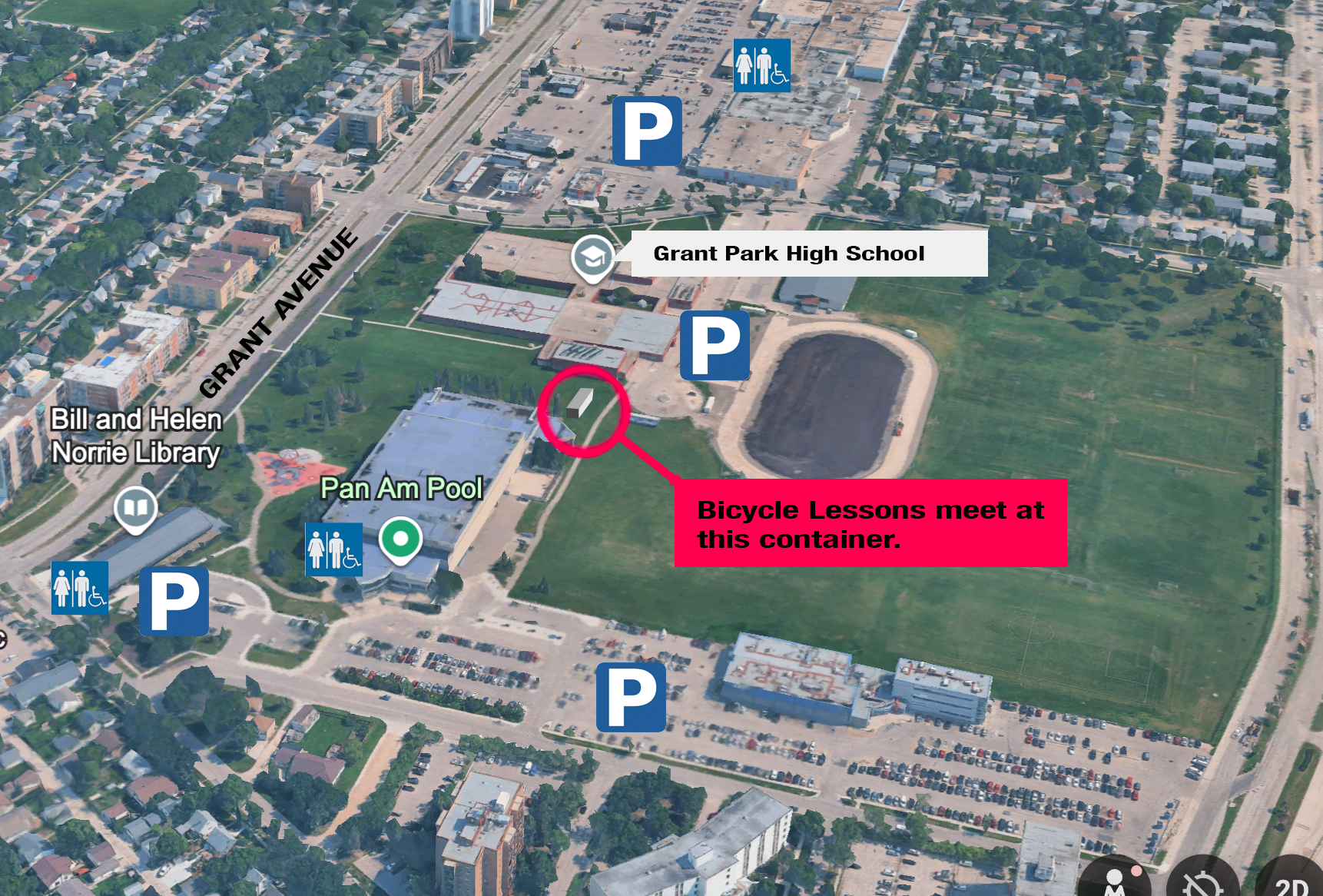 a map showing the location lying between grant park high school and pan am pool