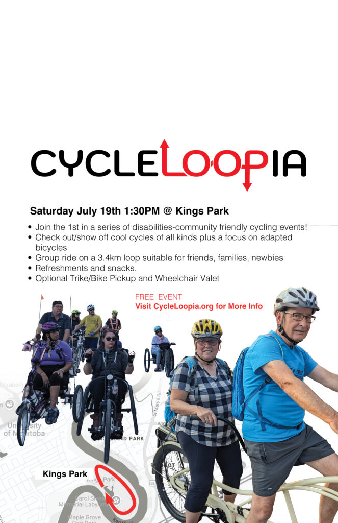 Cycleloopia event poster showing multiple kinds of bicycles and the event details. Saturday July 19 visit cycleloopia.org for more