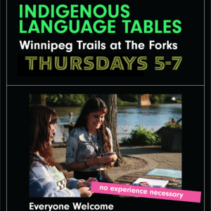 event info and two people learning around a table with a river in the background