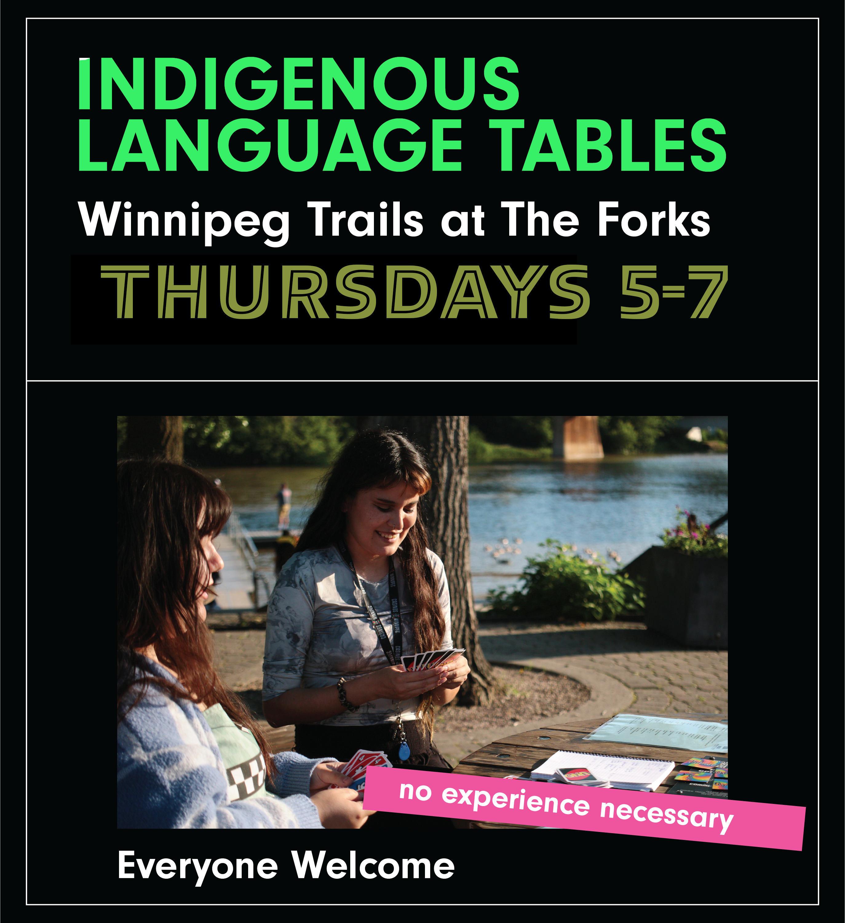 event info and two people learning around a table with a river in the background