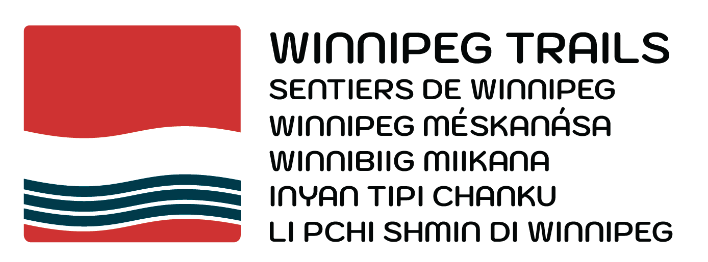 Red and white logo show 6 river-like shapes flowing together shape with 3 navy lines with the words "Winnipeg Trails" in 6 languages (English, French, Cree, Ojibwe, Dakota and Michif)