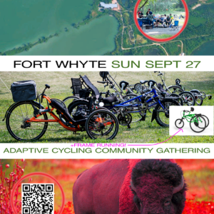 A poster showing a map of Fort Whyte from the air, multiple tricycles and a bison with event info like Sept 27 and the name Cycleloopia