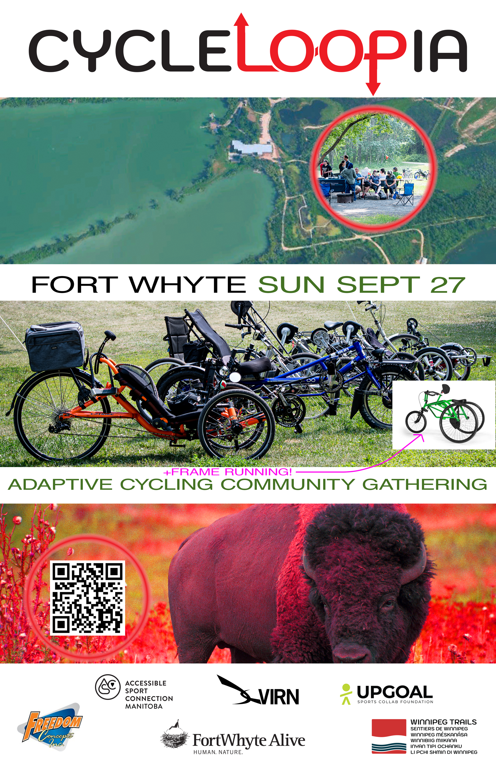 A poster showing a map of Fort Whyte from the air, multiple tricycles and a bison with event info like Sept 27 and the name Cycleloopia